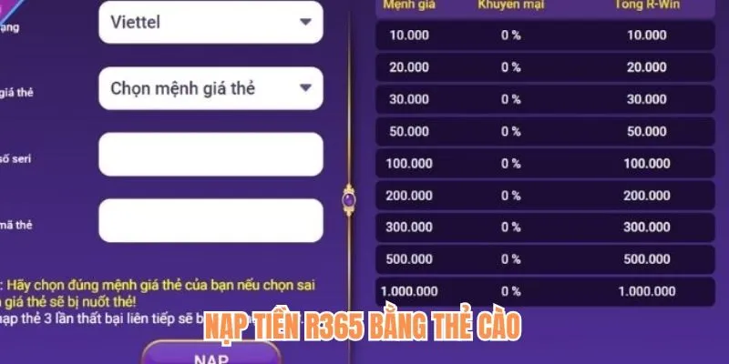 Nạp tiền vào R365 bằng thẻ cào điện thoại